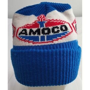 Amoco Winter Stocking Hat Blue Cap Advertising Beanie Petroleum Gas Vintage